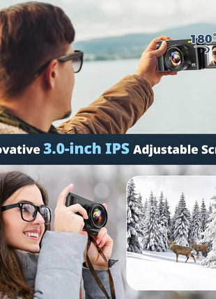 4K Digital Camera for Photography, UHD Autofocus 48MP 180? Flip Screen 16X Zoom Compact Point Shoot Vlogging Camera for YouTube with 2 Batteries, 32GB Card (Black)