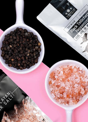 The Spice Lab Pink Himalayan Salt and Pepper Combination Gift Pack (Coarse Salt + Peppercorn Bags)