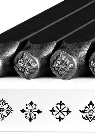 The Craft Guy 4pcs Vintage Style Metal Stamping kit 5/16 inch (8mm) Steel Metal Stamp - Handcrafted Iron Stamp for Jewelry, Steel, DIY Crafts, Impress Leather Stamps with Classic Patterns