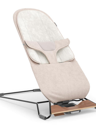 UPPAbaby Mira Bouncer/Portable 2-in-1 Bouncer + Seat Grows With Your Baby/GREENGuard® Gold, JPMA + FSC® certified/Cozy Seat Liner + Storage Bag Included/Charlie (Sand Mélange/Black Chrome/Walnut Wood)