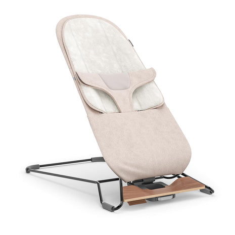 UPPAbaby Mira Bouncer/Portable 2-in-1 Bouncer + Seat Grows With Your Baby/GREENGuardÂ® Gold, JPMA + FSCÂ® certified/Cozy Seat Liner + Storage Bag Included/Charlie (Sand MÃ©lange/Black Chrome/Walnut Wood)