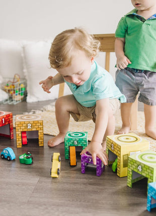 Melissa & Doug Nesting and Sorting Garages and Cars with 7 Graduated Garages and 7 Stackable Wooden Cars - FSC Certified