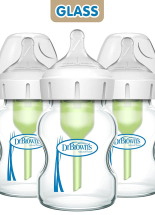 Dr. Brown's Natural Flow Anti-Colic Options+ Wide-Neck Glass Baby Bottles 5 oz/150 mL, with Level 1 Slow Flow Nipple, 3 Pack, 0m+