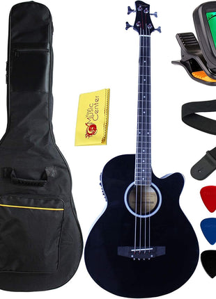 Vizcaya Full Size 4 Strings Cutaway Acoustic-Electric Bass Guitar With 4-Band Equalizer,5mm Padding Gig Bag,Strap, Picks-Black