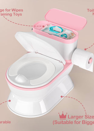 CheerTry Toddler Potty Training Toilet, Larger Potty Chair, Detachable Seat | Suitable for Boys & Girls Ages 1-3, with Flushing Sound, Wipes Storage, Toilet Lid & Toilet Paper Holder - Pink