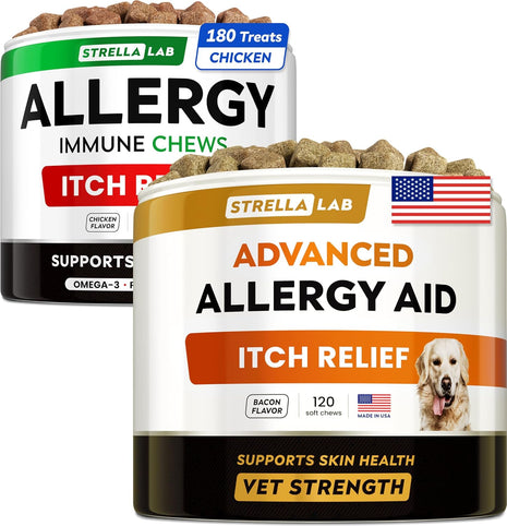 Allergy Relief + Advanced Allergy Bundle - Itchy Skin + Allergy & Itch Relief - Omega 3&Pumpkin + Probiotics - Dogs Itching & Licking Treats + Hot Spots - 300 Ct - Chicken + Bacon Flavor - Made in USA