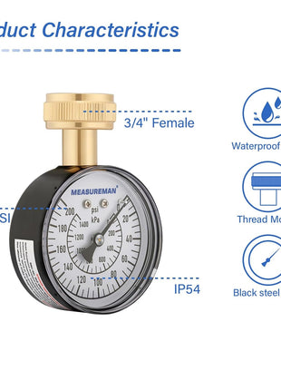 MEASUREMAN Water Pressure Gauge, 0-200 PSI Water Pressure Tester with 2-1/2 Inch Dial & Durable 3/4 Inch Hose Thread, Ideal for Home, Hose Bib (Waterproof Case, Black)