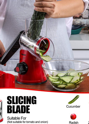 Geedel Rotary Cheese Grater, Kitchen Mandoline Vegetable Slicer with 3 Interchangeable Blades, Easy to Clean Grater for Fruit, Vegetables, Nuts
