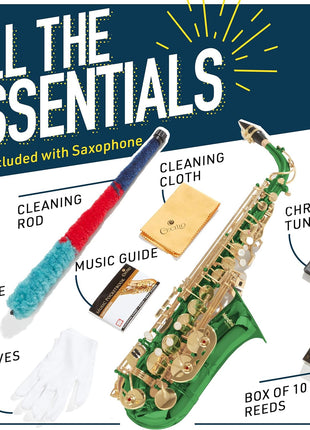 Mendini By Cecilio Alto Saxophone for Beginners, E Flat Tenor Saxophone for Students Musicians with Tuner, Mouthpiece, Case, 10 Reeds, Grease, Cleaning Cloth & Rod, Gloves, Strap, Lesson Book (Green)