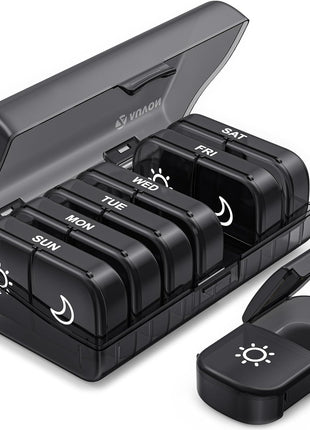 AUVON Weekly Pill Organizer 2 Times a Day, One-Side Large Opening, Easy‐Use | AM PM Pill Case, XL Pill Box 7 Day, Travel Medication Organizer for Medication, Vitamins, Fish Oils, Supplements, Black