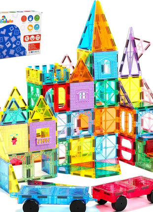 Anbalulu Magnetic Tiles 100PCS with 2 Cars, STEM Educational Building Blocks for Kids Ages 3-9, Magnet Construction Toys Gift for Toddlers