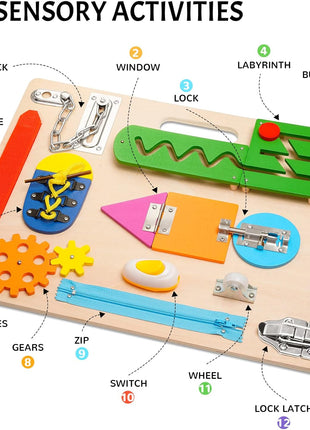 Montessori Busy Board for Toddlers, Wooden Sensory Toys, Preschool Learning Activities for Fine Motor Skills Travel Toy, Basic Life Skills Educational Gifts for 1 2 3 Years Old Kids Boys Girls