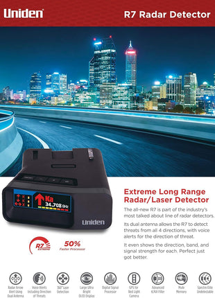 Uniden R7 Extreme Long-Range Laser-Radar Detector, Built-in GPS w/ Real-Time Alerts, Dual-Antennas Front & Rear w/Directional Arrows, Voice Alerts, Red Light Camera and Speed Camera Alerts