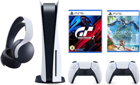 Playstation 5 Disc Console Bundle with Gran Turismo 7, Horizon Forbidden West, Extra Pulse 3D Wireless Headset and Extra Dualsense Wireless Controller