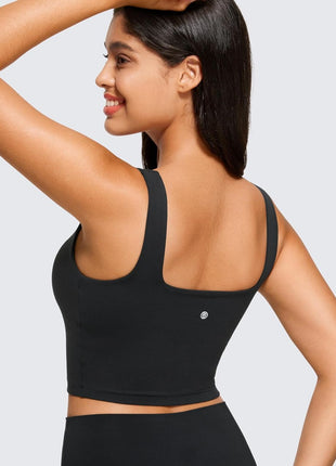 CRZ YOGA Butterluxe Womens Square Neck Longline Sports Bra - Workout Crop Tank Tops Padded Yoga Camisole with Built in Pads Black Medium