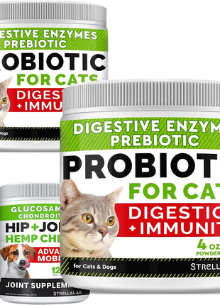 8oz Probiotics Powder + 240ct Hemp Glucosamine Joint Supplement Bundle - Relieves Diarrhea + Joint Pain Relief - Digestive Enzymes + Prebiotics + Omega 3, Hemp Oil + Chondroitin, MSM - Made in USA