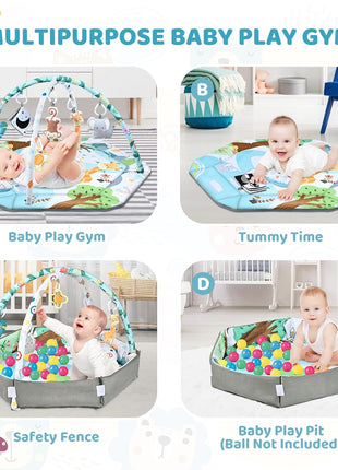 Baby Gym Play Mat, 8-in-1 Tummy Time Mat & Ball Pit with 6 Toys, Washable Baby Activity Play Mat for Visual, Hearing, Sensory, Motor Development, Baby Toys Gift for Toddler Infant 0-3-6-9-12 Months