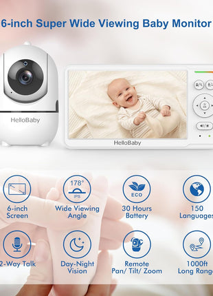 HelloBaby Baby Monitor 6" World First IPS Screen 30H Battery, Secure No WiFi, Pan Tilt Video Camera with Night Vision, VOX, 2-Way Talk, 1000ft, Portable Video Audio Monitor Ideal for Mom, Elderly, Pet