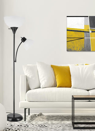 GLOBE Electric 67135 72 inch Torchiere Floor Lamp and Adjustable Reading Light, Matte Black, Frosted Shade, Dual Rotary Switch, 3-Step Dimming, Modern Lighting for Living Room or Office