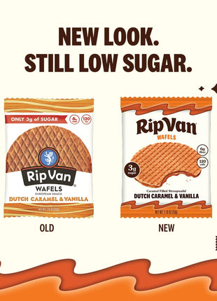 Rip Van Wafels Dutch Caramel & Vanilla Stroopwafels, Healthy Snacks, Non-GMO, Low Calorie, Low Sugar (3g), Office Snacks, Keto Friendly, 12 Count
