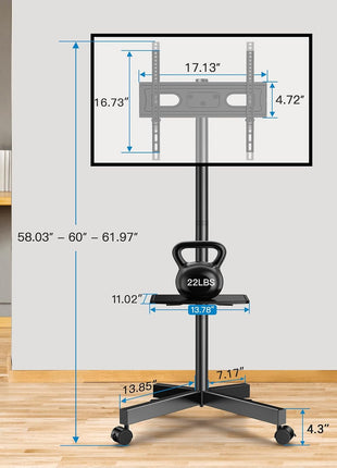 PERLESMITH Rolling TV Stand, Mobile TV Stand for 23-60 Inch LCD LED TVs, Tilt TV Stand Wheels Holds up to 88Lbs, Portable TV Stand for Bedroom with Shelf, Outdoor TV Stand Max VESA 400x400mm PSTVMC06