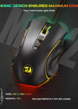 Redragon M602 Gaming Mouse, Ergonomic RGB Gaming Mouse Wired with 7200 Adjustable DPI, 9 Programmable Buttons, Professional Software for Gamer Office [Black]