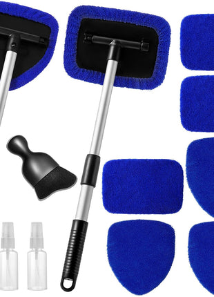 11pcs Windshield Cleaner Tool, Car Window Cleaning Wash Kit with 6 Reusable Microfiber Pads 2 Spray Bottles and Extendable Handles Auto Glass Wiper Kit, Blue