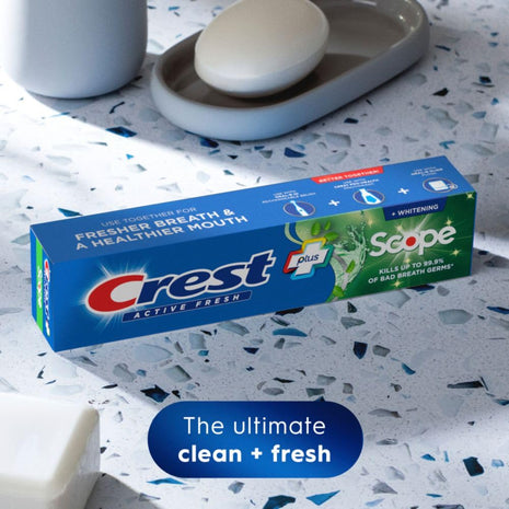 Crest Whitening Plus Scope, Complete Active Fresh  Whitening Toothpaste, 5.5oz, Toothpaste Sensitive Teeth, Pack of 4
