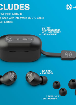 JLab Go Air Pop+ True Wireless Earbuds, in Ear Headphones, Bluetooth Earphones, 35H Playtime Ear Buds, Bluetooth Earbuds with Microphone, USB-C Charging Case, Dual Connect, EQ3 Sound, Black