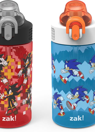 Zak Designs Sonic the Hedgehog Sage Kids Water Bottle For School or Travel, 16oz Durable Plastic Water Bottle With Straw, Handle, and Leak-Proof, Pop-Up Spout Cover, 2-Pack Set (Sonic & Shadow)