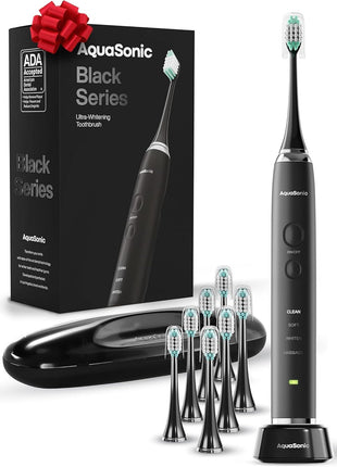 Aquasonic Black Series Ultra Whitening Toothbrush – ADA Accepted Electric Toothbrush- 8 Brush Heads & Travel Case – 40,000 VPM Electric Motor & Wireless Charging - 4 Modes w Smart Timer
