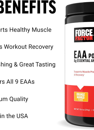 Force Factor Essential Amino Acids, Full Spectrum EAAs Amino Acids Powder | Amino Acids Supplement for Women and Men to Support Healthy Muscle and Workout Recovery, Orange Mango, 30 Servings