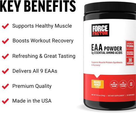 Force Factor Essential Amino Acids, Full Spectrum EAAs Amino Acids Powder | Amino Acids Supplement for Women and Men to Support Healthy Muscle and Workout Recovery, Orange Mango, 30 Servings