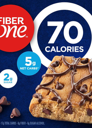 Fiber One 70 Calorie Chocolate Chip Cookie Brownies, 12 ct, 10.6 oz | 27% Daily Value of Fiber per Bar, 5g Net Carbs, Chocolatey Chips & Drizzle, Ideal Desk Drawer or Lunchbox Snack, 10.6 oz