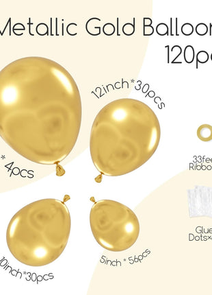 Awenztech 120pcs Metallic Gold Balloon Arch Kit, 18 12 10 5 inch Chrome Gold Latex Balloons Different Sizes Metallic Gold Balloon Garland for Graduation Engagement Wedding Birthday Party Decorations