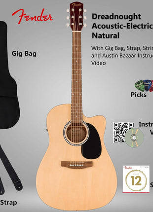 Fender Dreadnought Acoustic Electric Guitar   Natural Bundle with Gig Bag, Strap, Strings, Picks, and Austin Bazaar Instructional DVD