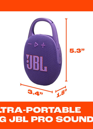 JBL Clip 5 - Ultra-Portable, Waterproof & Dustproof Bluetooth Speaker, Big Pro Sound with Punchy bass, Integrated Carabiner, Up to 12 Hours of Play, Made in Part with Recycled Materials (Purple)