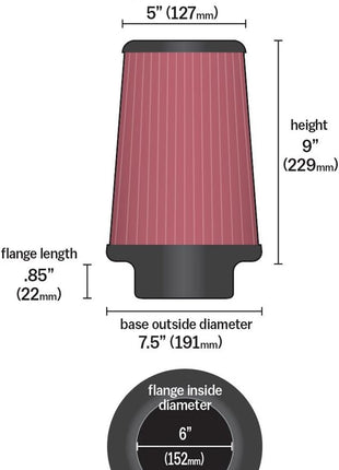 Airaid AIR-700-469 700-469 Universal Clamp-On Air Filter: Round Tapered; 6 in (152 mm) Flange ID; 9 in (229 mm) Height; 7.25 in (184 mm) Base; 5 in (127 mm) Top, Black