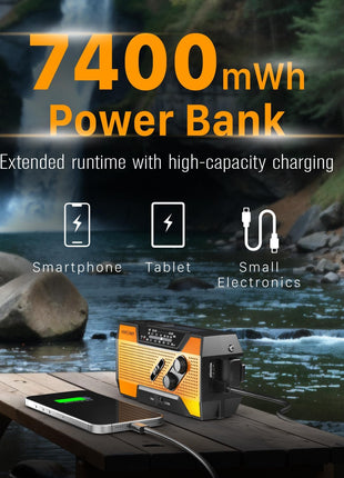 FosPower NOAA Emergency Weather Radio A1 7400mWh Portable Power Bank, AM/FM, USB/Solar/Hand Crank Charging, Battery Operated, SOS Alarm & Flashlight for Indoor/Outdoor Emergency - Orange