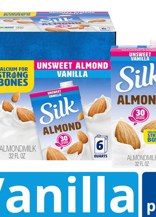 Silk Shelf-Stable Almond Milk, Unsweetened Vanilla, Dairy-Free, Vegan, Non-GMO Project Verified, 1 Quart (Pack of 6)