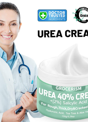 Grocerism Urea Cream 40 Percent for Feet with 2% Salicylic Acid 5.29 oz || Foot Cream and Hand Cream Maximum Strength for Dry, Rough, Callused Skin, Exfoliating Moisturizer for Heels, Elbows and Knees
