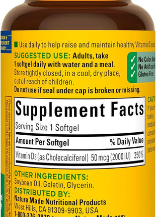 Nature Made Vitamin D3 2000 IU (50 mcg), 90 Vitamin D Softgels | Vitamin D Supplement for Immune, Bone, Teeth and Muscle Health Support, 90 Day Supply