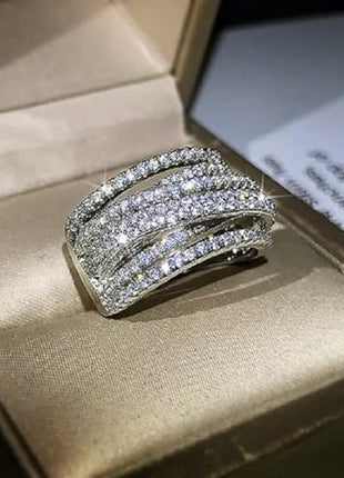 S925 Sterling Silver Luxury Fashion Shiny Full Diamond Multilayer Geometric Ring Cubic Zirconia Rings Anniversary Ring CZ Diamond Eternity Engagement Wedding Rings Women Jewelry Size 6-10 CZC704
