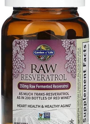 Garden of Life Heart Resveratrol Supplement - Powerful Antioxidant Support With 350mg Raw Fermented Trans-Resveratrol Plus Probiotics and Enzymes for Heart Health and Healthy Aging, 60 Vegan Capsules