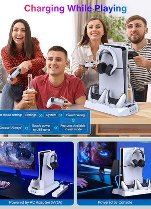 PS5/PS5 Slim/PS5 Pro Stand and Cooling Station with Dual Controller Charging Station for PlayStation 5 Console, PS5 Accessories Incl. Controller Charger, Cooling Fan, Headset Holder, 3 USB Hub, White