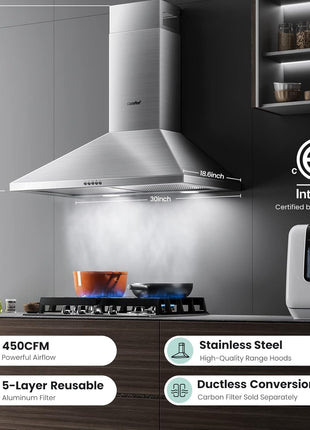 COMFEE' Wall Mount Range Hood 30 Inch, 450 CFM Ducted/Ductless Convertible | Stainless Steel Chimney-Style Vent Hood, 3-Speed Exhaust Fan with 2 LED Lights and 5-Layer Aluminum Permanent Filters