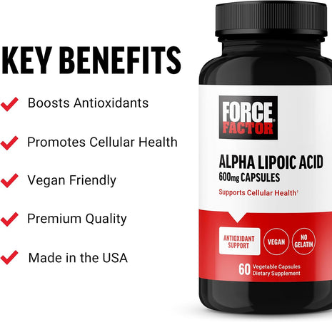 Force Factor Alpha Lipoic Acid 600mg Capsules, Antioxidants Supplement, ALA Supplement for Cardiovascular Support and Cellular Health, Vegan, No Gelatin, 60 Vegetable Capsules (Pack of 2)