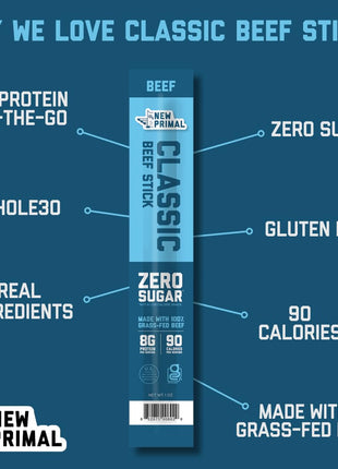 The New Primal Grass Fed Beef Sticks, Keto, Gluten Free Healthy Snacks for Adults, Sugar Free Low Carb High Protein Snack, Paleo Whole30 Jerky Meat Stick, 8g Protein, 90 Calories, 20 Pack