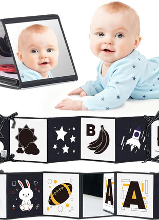 High Contrast Baby Book, Black and White, Tummy Time Mirror Toy | Newborn visual stimulation 0-6 months, Montessori sensory play, soft crinkle pages, folds flat, ties to crib and stroller