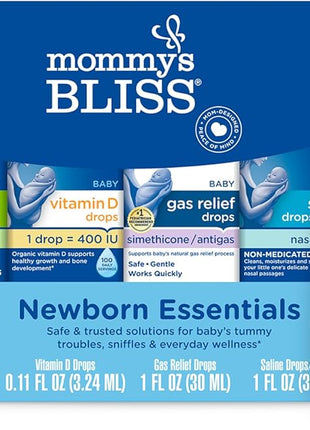 Mommy's Bliss 4-Piece Newborn and Baby Essentials Kit - With Gripe Water, Gas Relief Drops, Vitamin D 400IU, and Saline Drops/Spray - The Perfect Baby Gift.